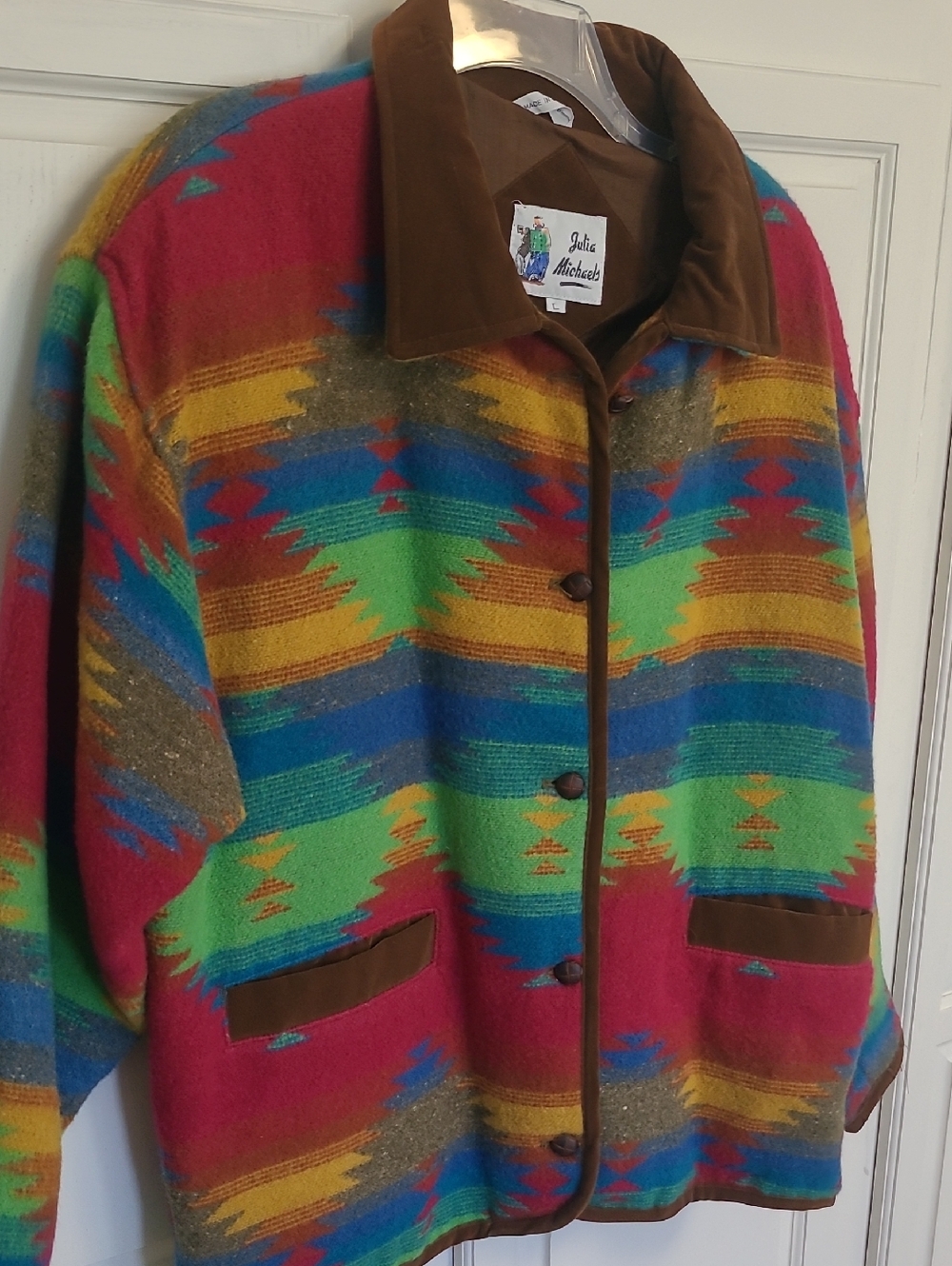 Vintage Julia Michaels Multicolor Southwestern Wool Jacket - Pink/Green/Blue